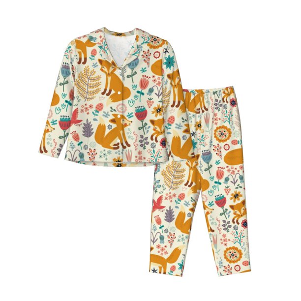 Fotbe Whimsical Fox Floral Garden Conjunto de Pijama de Manga Larga para Mujer con Estampado, Ropa de Dormir de 2 Piezas, Conjunto de Casa Suave y Cómodo con Bolsillos-X-Large