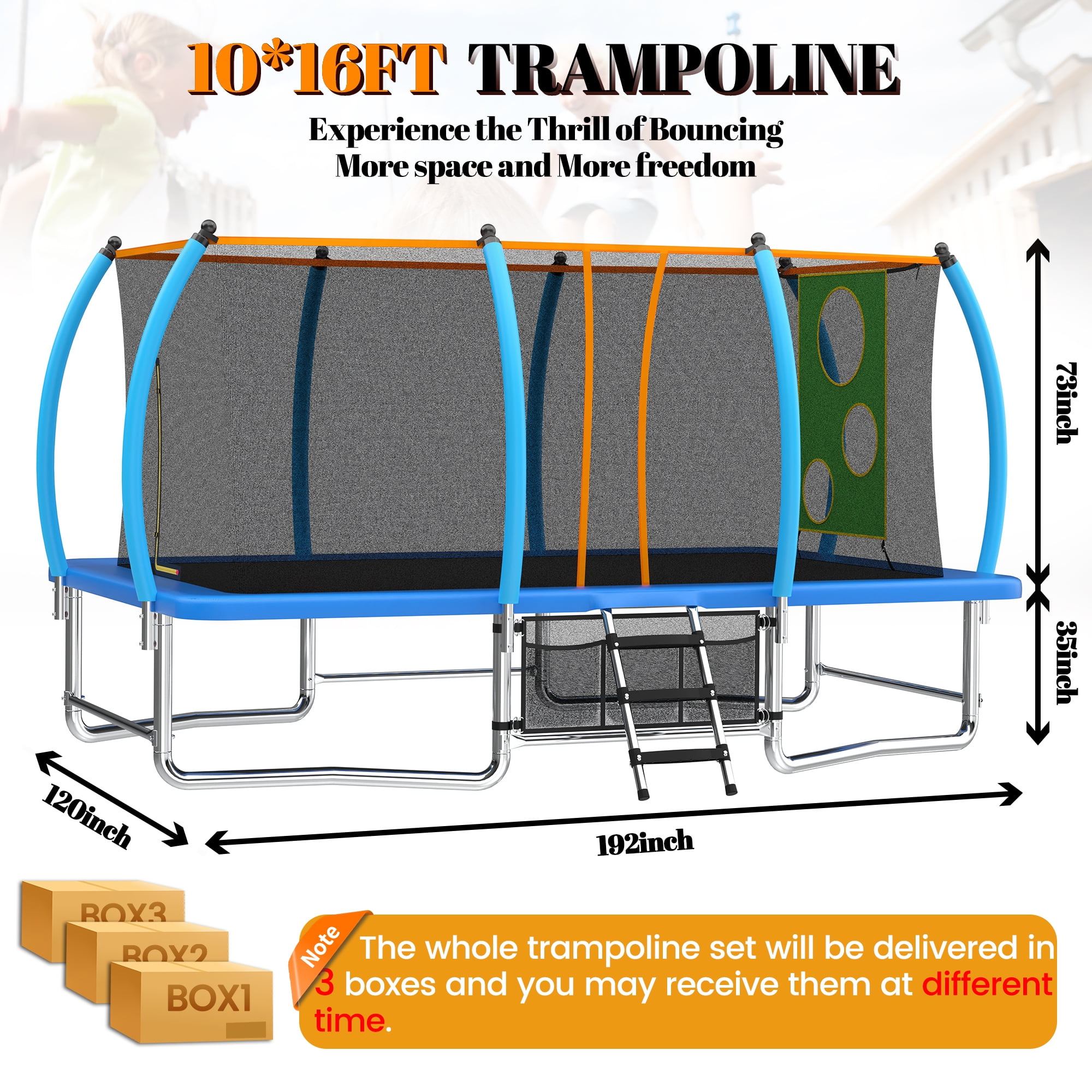 Alvantor 10X16 Ft Trampoline Rectangler, Outdoor Square Trampolines with Enclosure Net Blue