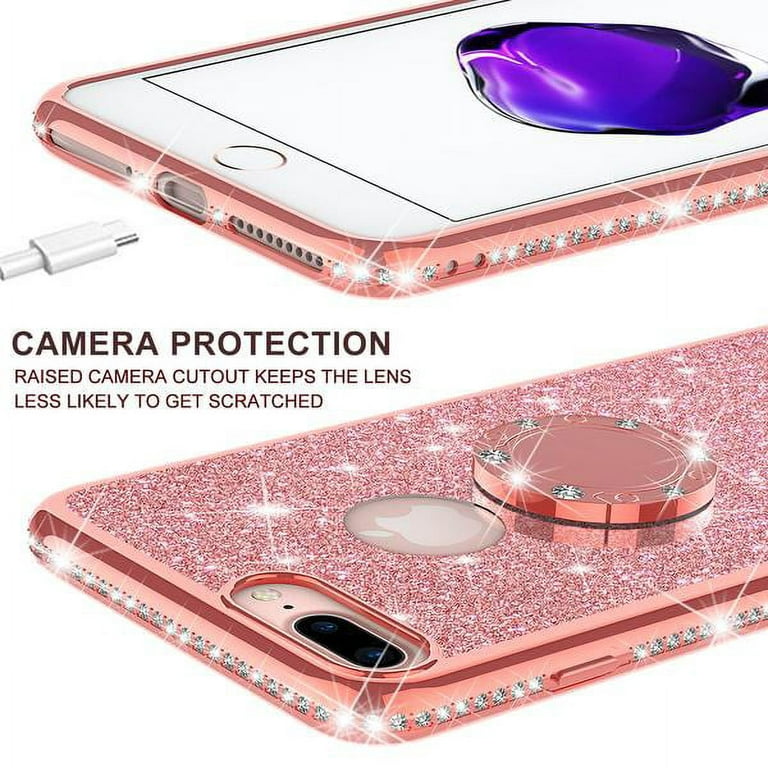 Galaxy Wireless Usa Iphone 8 Plus Case,iphone 7 Plus Case, Glitter Phone Case Ring Kickstand Bling Diamond Rhinestone Clear Pink Bumper Sparkly Girls