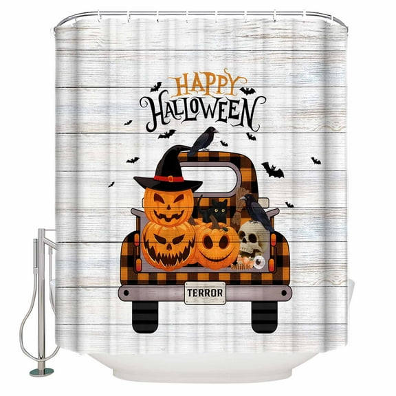 Shower Curtains for Bathroom-72"x72",Happy Halloween Pumpkin Witch Hat Skull Crow Waterproof Bath Curtain Grommet Shower Curtain Set with Hooks,Wood Board Washable Bath Accessories