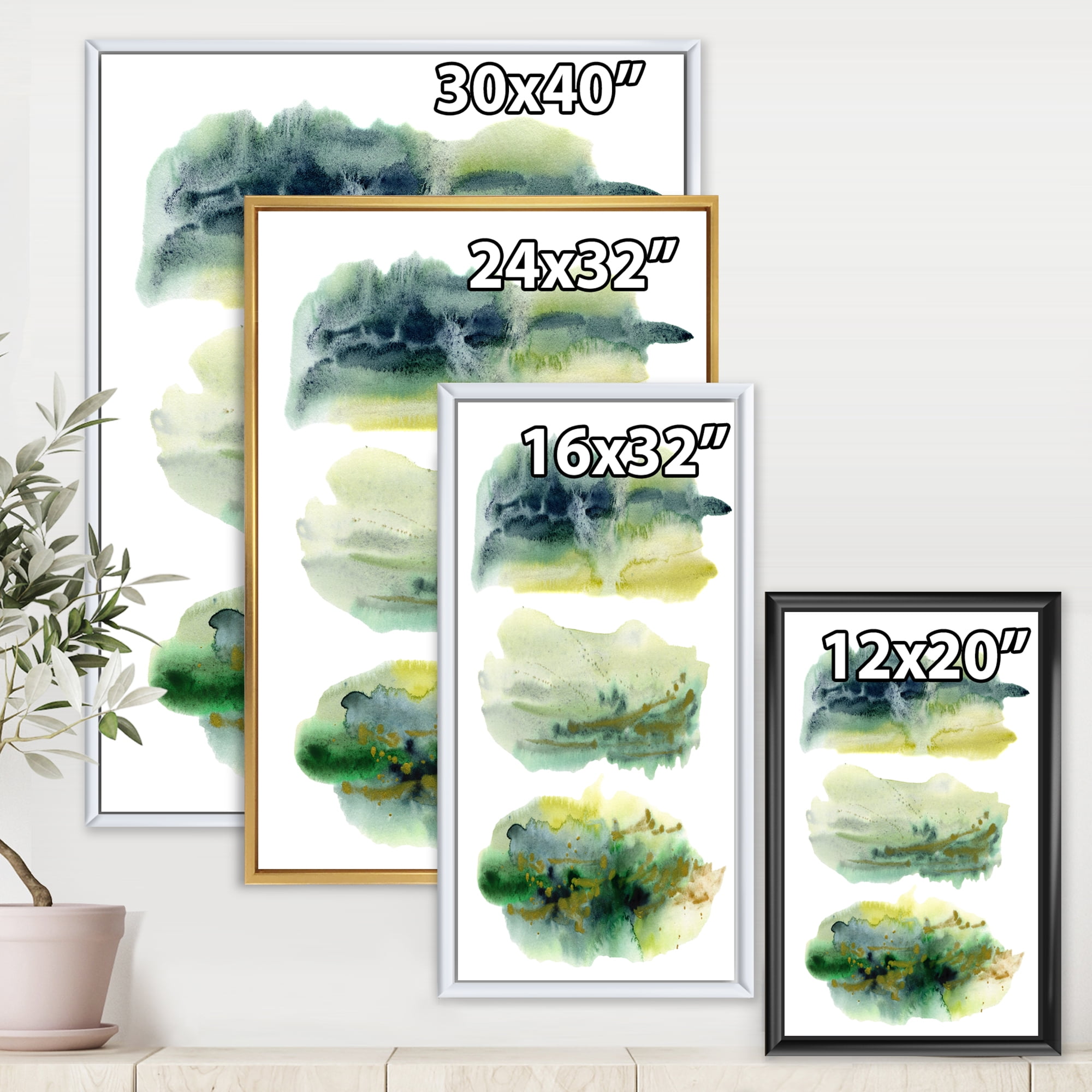 Designart 'Golden Green Abstract Clouds I' Modern Framed Canvas Wall Art Print