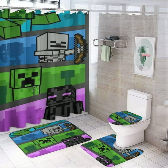 Minecraft Power 4 Pcs Shower Curtain Sets Non-Slip Rugs Bath Mat Toilet Cover U Shaped Mat for Bathroom Decor Bathroom Set 72" X 72"