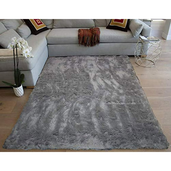 Faux Sheepskin Sheep Hide 5x7 Feet Modern Contemporary Silver Light Gray Light Grey Colors Furry Fuzzy Area Rug Carpet Rug Solid Plush Pile Soft Decorative Designer Bedroom Living Room