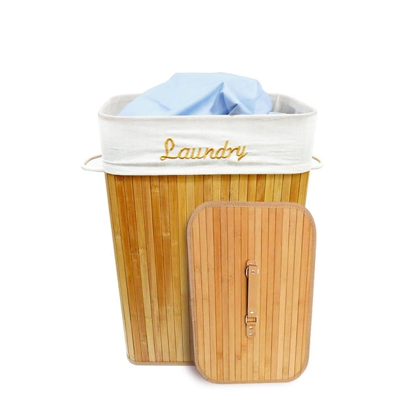 Cesto de bamb√∫ para ropa sucia Good & Good Con Tapa y Cubierta de Tela con Bordado LAUNDRY