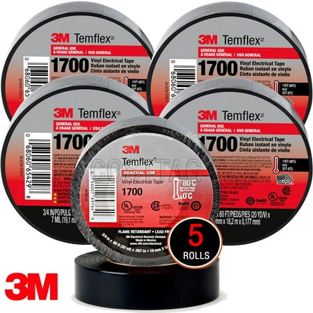 (5 Rolls) 3M TemFlex Vinyl Electrical Tape 3/4in. x 60ft. - Black (Best Way To Remove 3m Tape)
