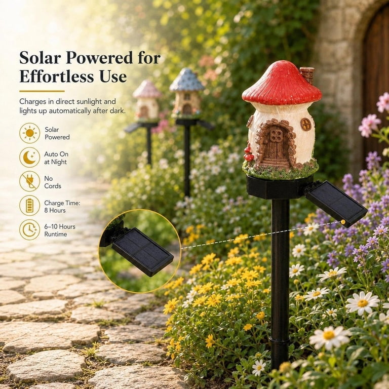 Solar Fairy-Tale Mushroom Cottage Garden Light, Waterproof LED Outdoor Mushroom House Statue Decor Lamp, Auto On/Off Landscape Pathway Light for Yard Patio Lawn Flower Bed