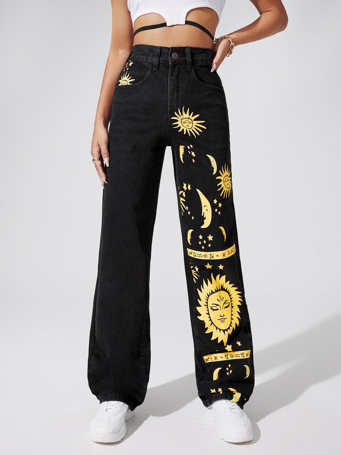 Women's High Waist Sun Moon Print Jeans 