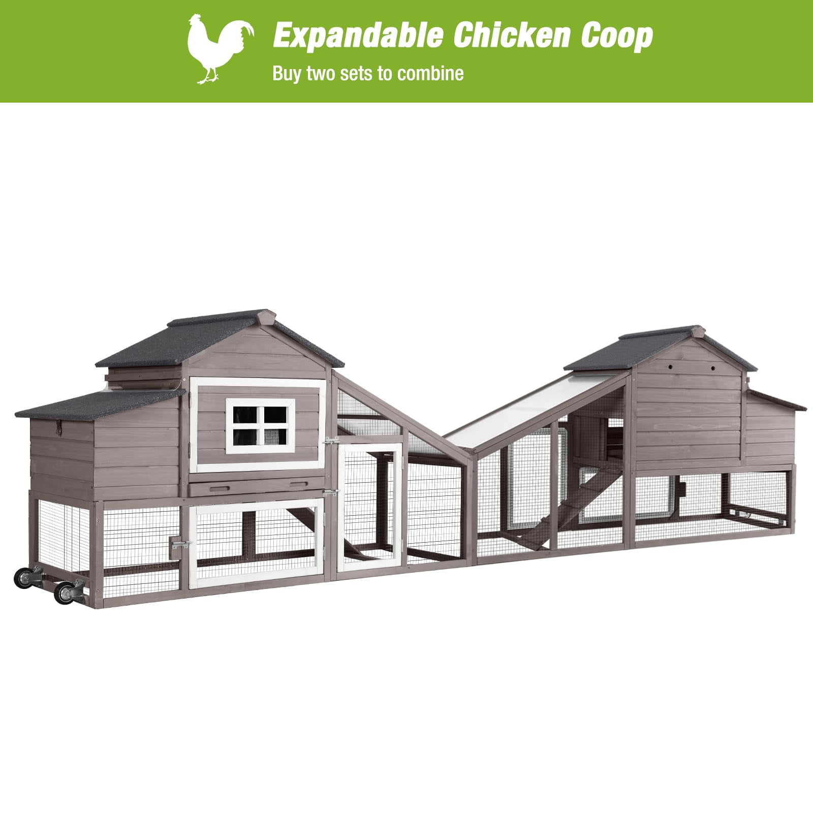 BUTINGLALE Outdoor Mobile Chicken Coop with Wheels Hen House with Nesting Box Wooden Bunny Cage Large Duck House with Run UV Roof Rabbit Hutch(Brown)
