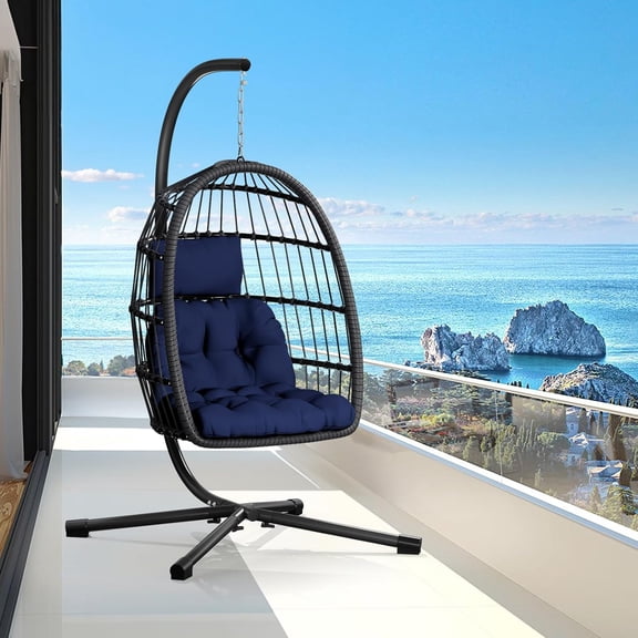 Egg Chair with Stand,Patio Rattan Wicker Hanging Swing Egg Chair Hammock Chair for Bedroom Porch Garden,Thickened Aluminum Alloy Steel Frame and UV Resistant Cushion,350LBS Capacity