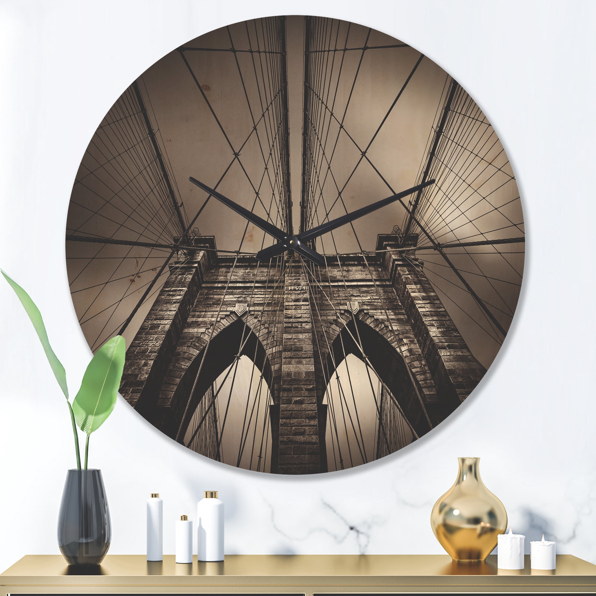 Designart 'Monochrome Brooklyn Bridge in NYC USA ' Modern Wood Wall Clock