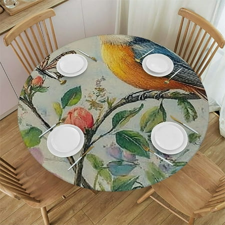 

Autua Birds Flowers Butterfly Round Tablecloth Stain-Resistant and Washable for Indoor Outdoor Use 100% Polyester Full Width Single-Sided Printing Waterproof 46 -50
