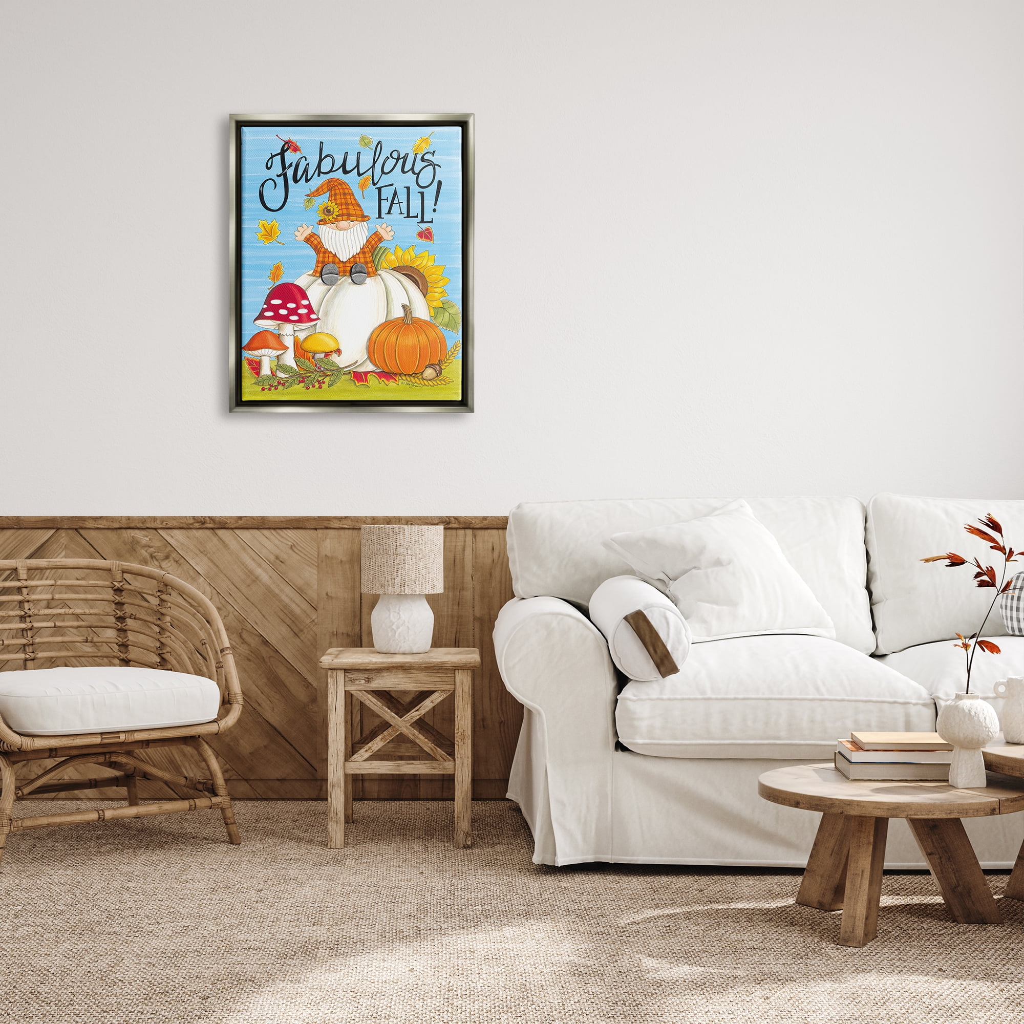 Stupell Industries Fabulous Fall Gnome Holiday Painting Gray Floater Framed Art Print Wall Art, 25 x 31