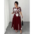 thumbnail image 5 of Burgundy Plus Size Women Elegant A-Line Waist Cinched Midi Dress With White Floral Print, 5 of 8