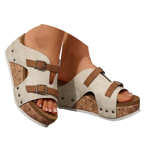 IUJSOY Womens Sandals Cork Footbed Slippers Open Toe Platform Wedge Sandals Casual Slip on Shoes