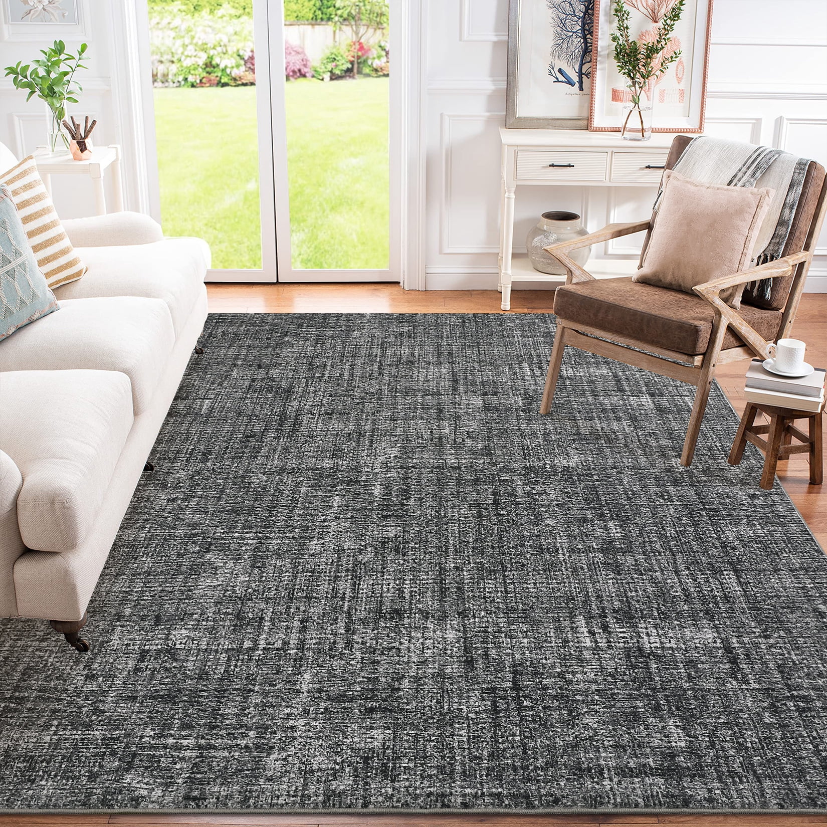 Hasoo Washable Living Room Area Rug 8x10 Large Modern Solid Soft Stain Resistant Indoor Gray Neutral Carpet