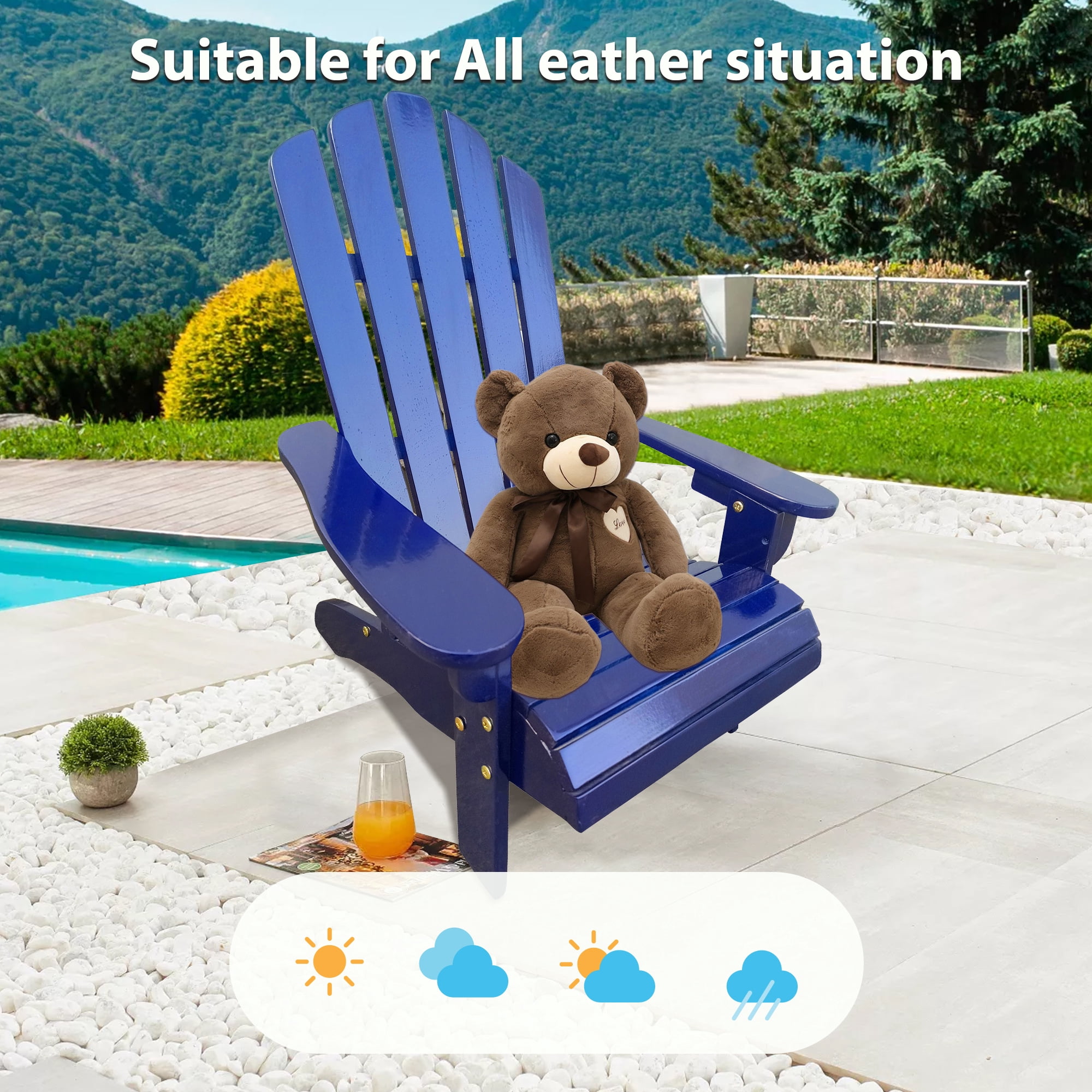 JONPONY Children Outsunny Wooden Adirondack Chair, Ergonomic Design Patio Lawn Chair for Outside Deck Garden Backyard Balcony,Blue