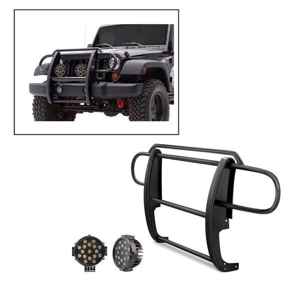Black Horse Grille brush Bumper Guard Modular Black Come With pair of 7.0"Dia.LED Lights with Black Trim Rings Compatible with 2007-2018 Jeep Wrangler JK-17JPWRMA-PLB