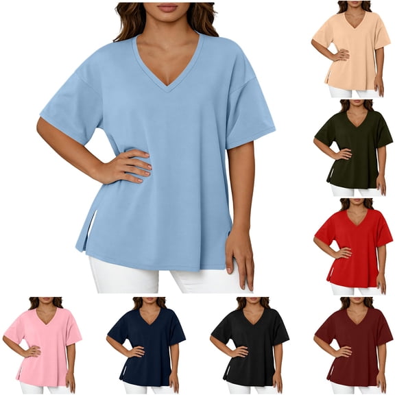 Agkizg Women's Plus Size V Neck Short Sleeve Pullover Top Solid Color Split Hem Casual Fashion Loose Fitting Basic Blouse