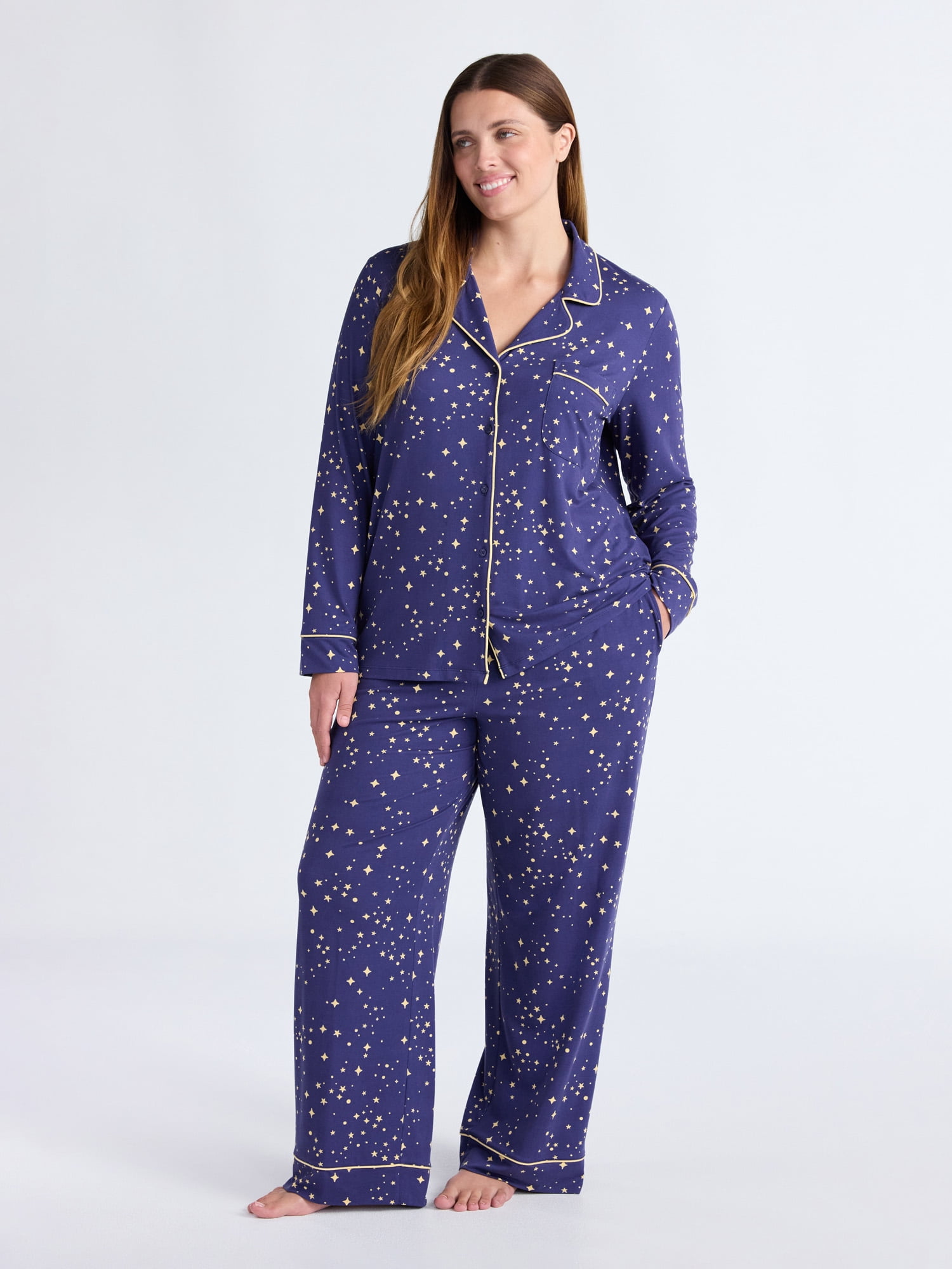 Joyspun Women’s Dreamy Soft Collection Long Sleeve Top and Pants Pajama Set, Sizes XS-4X