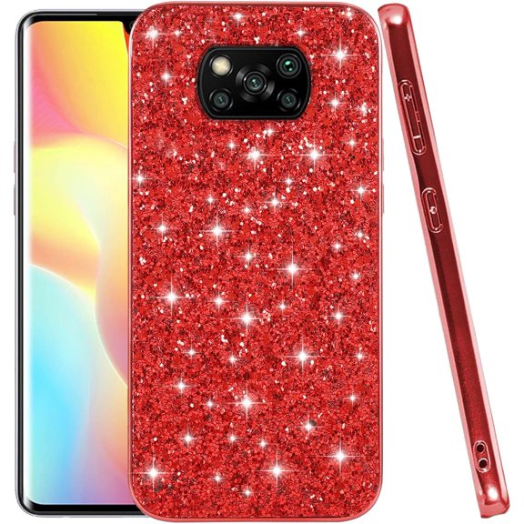 Compatible with Poco X3 Pro Case, Glitter Sparkly Xiaomi Poco X3 Pro Phone Case with Slim Silicone Shockproof Protective Bumper Cover for Cute Girls Women (Red)