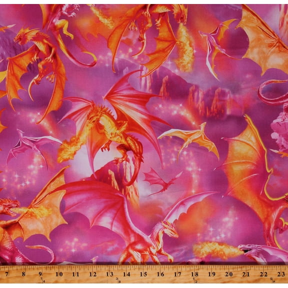 Cotton Dragons Majesty Dragon Spirit Mythical Creatures Fantasy Kids Pink Cotton Fabric Print by the Yard (MICHAEL-CD2999-PINK)