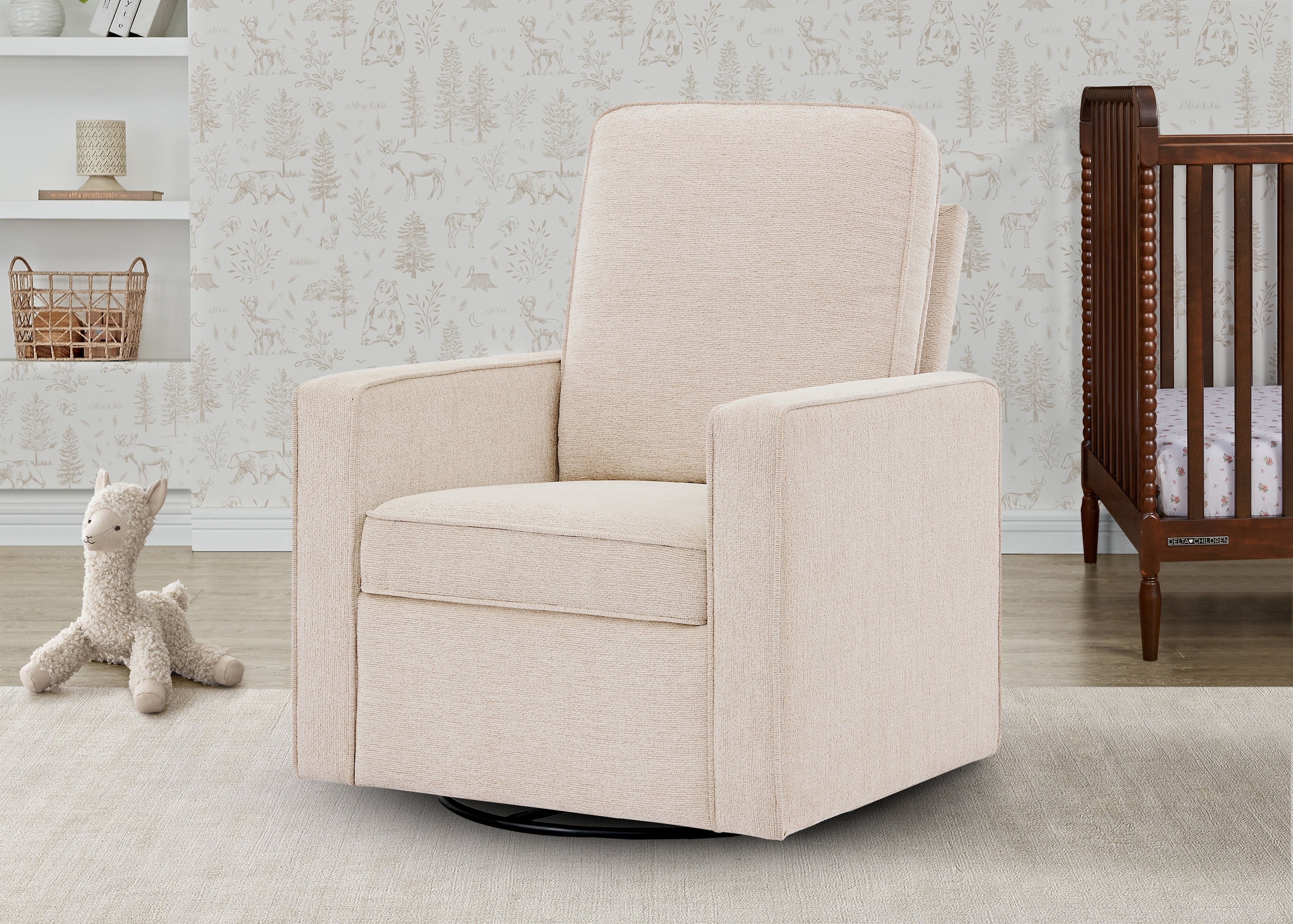 Delta Children Noah Upholstered Swivel Glider with Stain-Resistant Performance Fabric- Greenguard Gold Certified, Almond