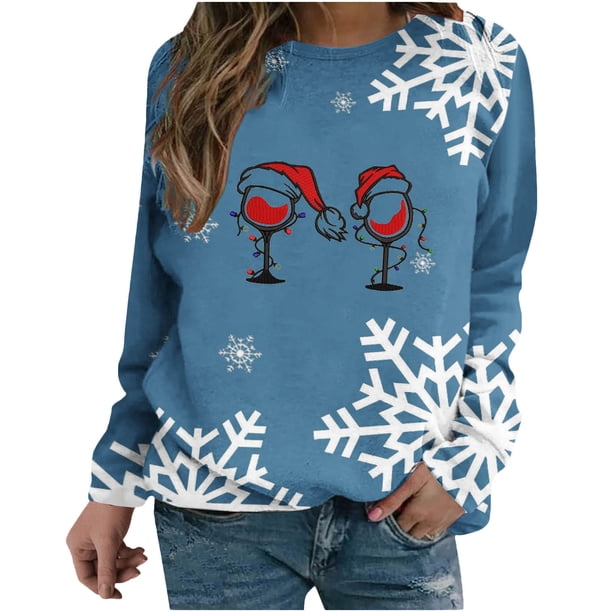 Camiseta de manga larga suelta con cuello redondo y copa de vino tinto con estampado navideño para mujer Fridja FKASFK1475