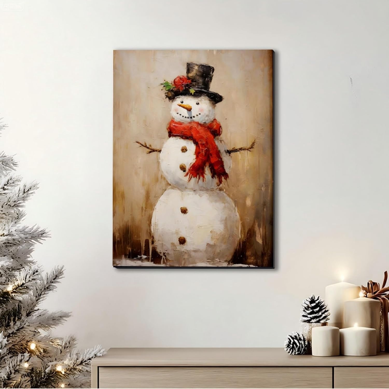 Rustic Snowman Christmas Wall Art, Framed Christmas Pictures for Bedroom & Bathroom Wall Decorations, Farmhouse Winter Scene Painting Canvas Prints for Living Room