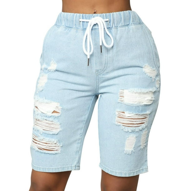 Zdcdcd Zdcdcd Women's High Waist Casual Holes Drawstring Denim Shorts
