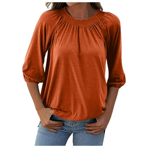 Follure 3/4 Sleeve Casual Tops for Women Solid Round Neck T Shirt Blouse Loose Pleated Top Tee Shirts