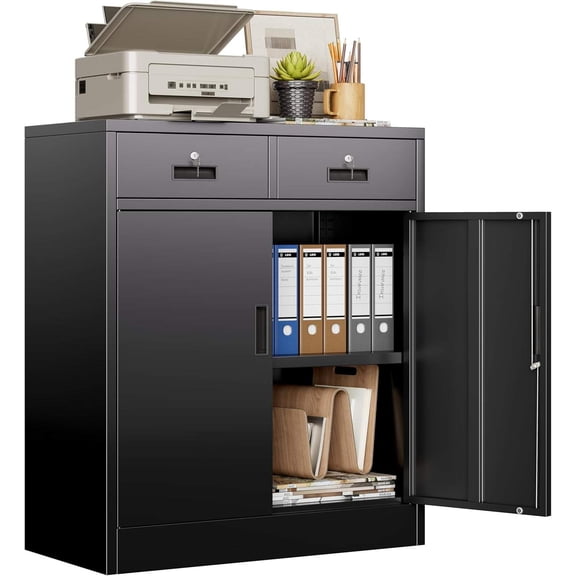 Metal Storage Cabinet, Garage Storage Cabinet with 2 Drawers and Adjustable Shelf, Locking Short Storage Cabinet for Office Garage Home, Black Metal Cabinets(36" H x 31.5" W x 16" D)