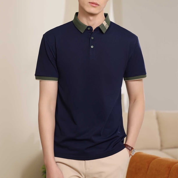 Blusa y camisa de manga corta con cuello vuelto para hombre, blusa informal de color liso con botones y manga corta con cuello vuelto, blusa de poliéster para hombre