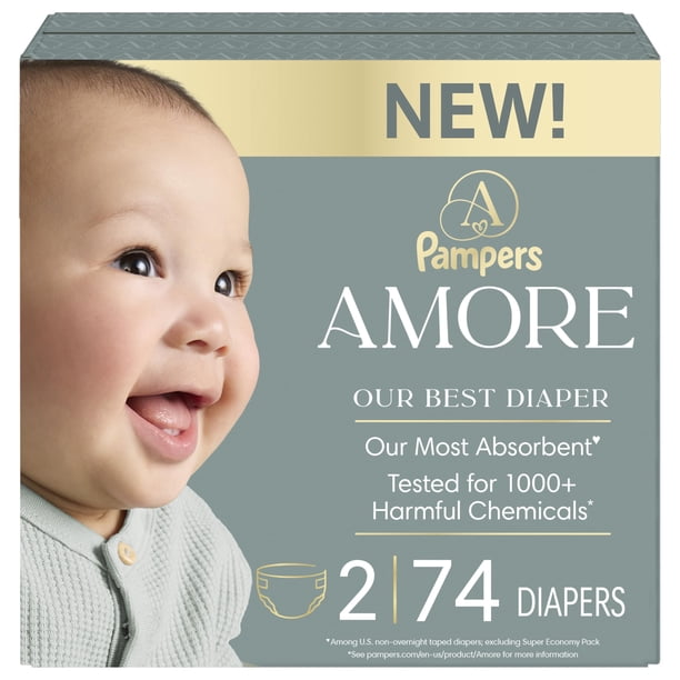 Pañales Pampers Amore, talla 2 (5-10 kg), 74 unidades, hipoalergénicos