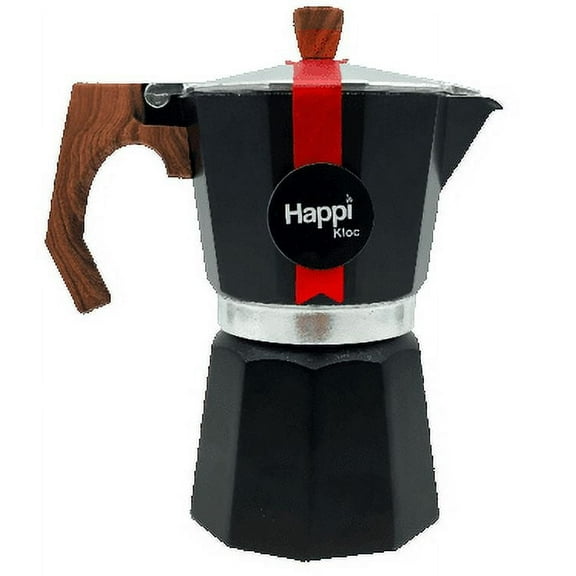 HAPPIKLOC Black Aluminum Espresso Maker, 3 cup with an ergonomic handle and knob for easy handling.