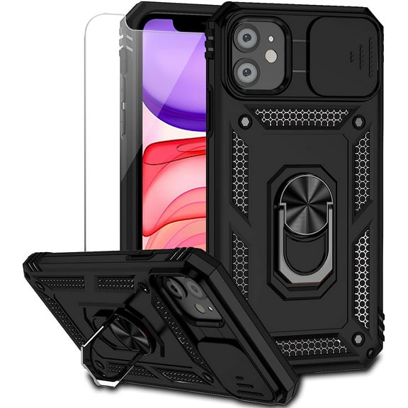 for iPhone 11 Case with Camera Lens Cover HD Screen Protector, Dual Layer [15 FT Military Grade Drop Protection] Magnetic Ring Holder Kickstand Protective Phone Case for iPhone 11 6.1 inch (Black)