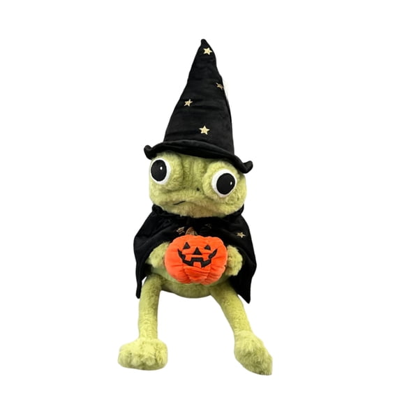 Halloween Wizard Frog Plush Doll, Cute Green Frog Stuffed Animal with Witch Hat Cape & Mini Pumpkin, Spooky Halloween Decor Plush Toy