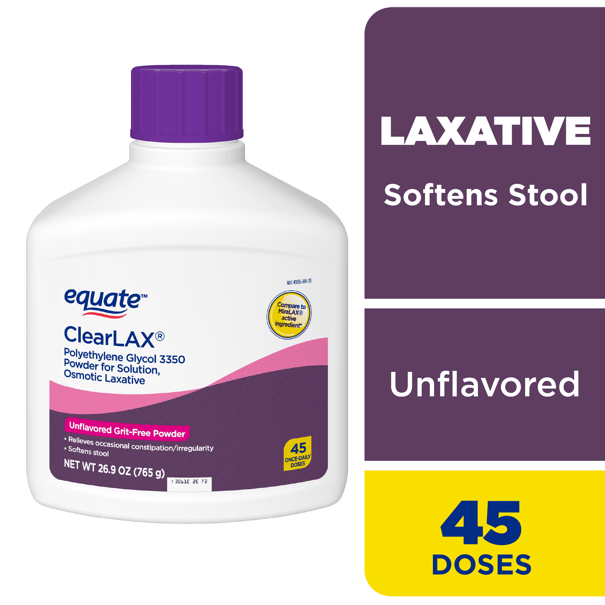 (3 pack) Equate ClearLAX Polyethylene Glycol 3350 Powder for Solution, Osmotic Laxative, Laxatives for Constipation, 26.9 oz, 45 Doses, Compare to MiraLAX Active Ingredient