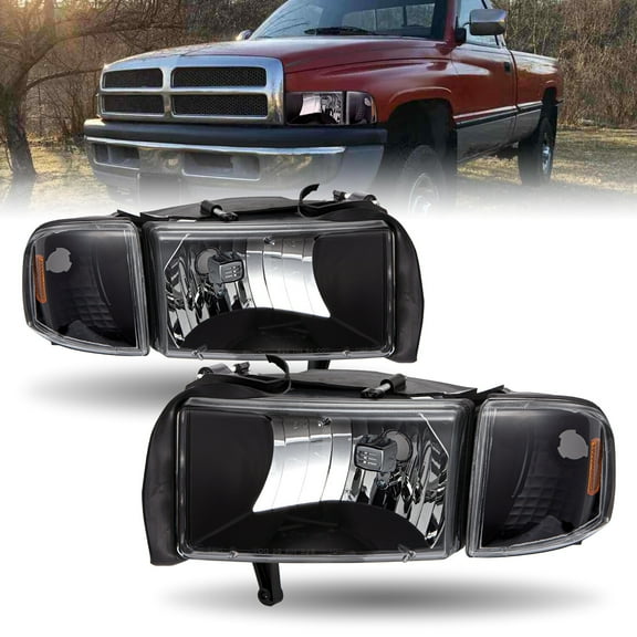 Pair Headlights For 1994-2002 Dodge Ram 1500 2500 3500 Black Headlamps 94-02