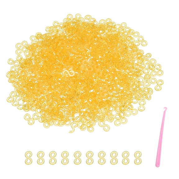 Uxcell S Clips for Loom Bracelets, Rubber Band Bracelet Clip Clear Plastic Connectors Refills Kit with Pink Crochet Hook for Loom Bracelets Making DIY(Yellow, Pack of 1000)