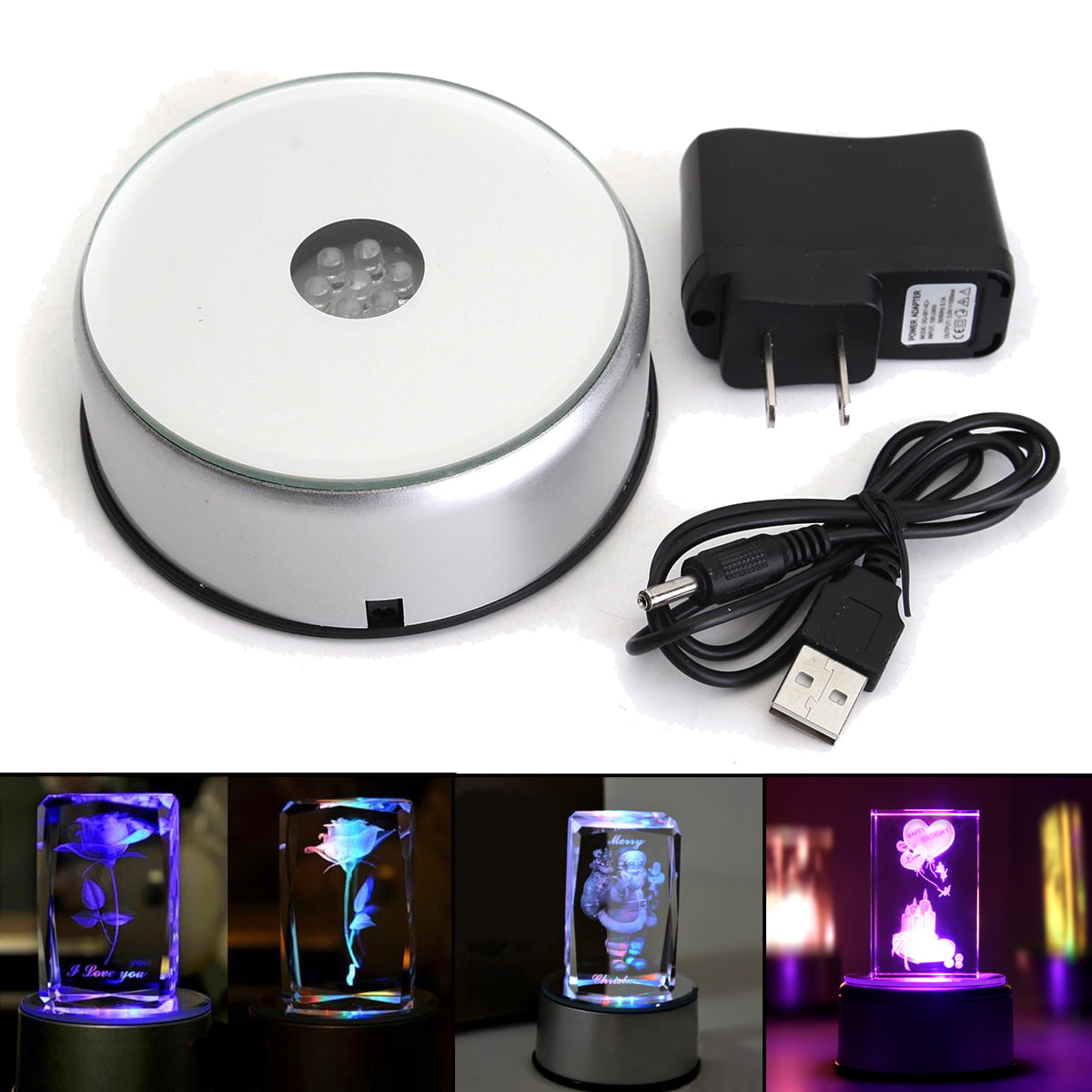 3 LED Light Unique 3D Electric Light Rotating Base Crystal Display Stand 