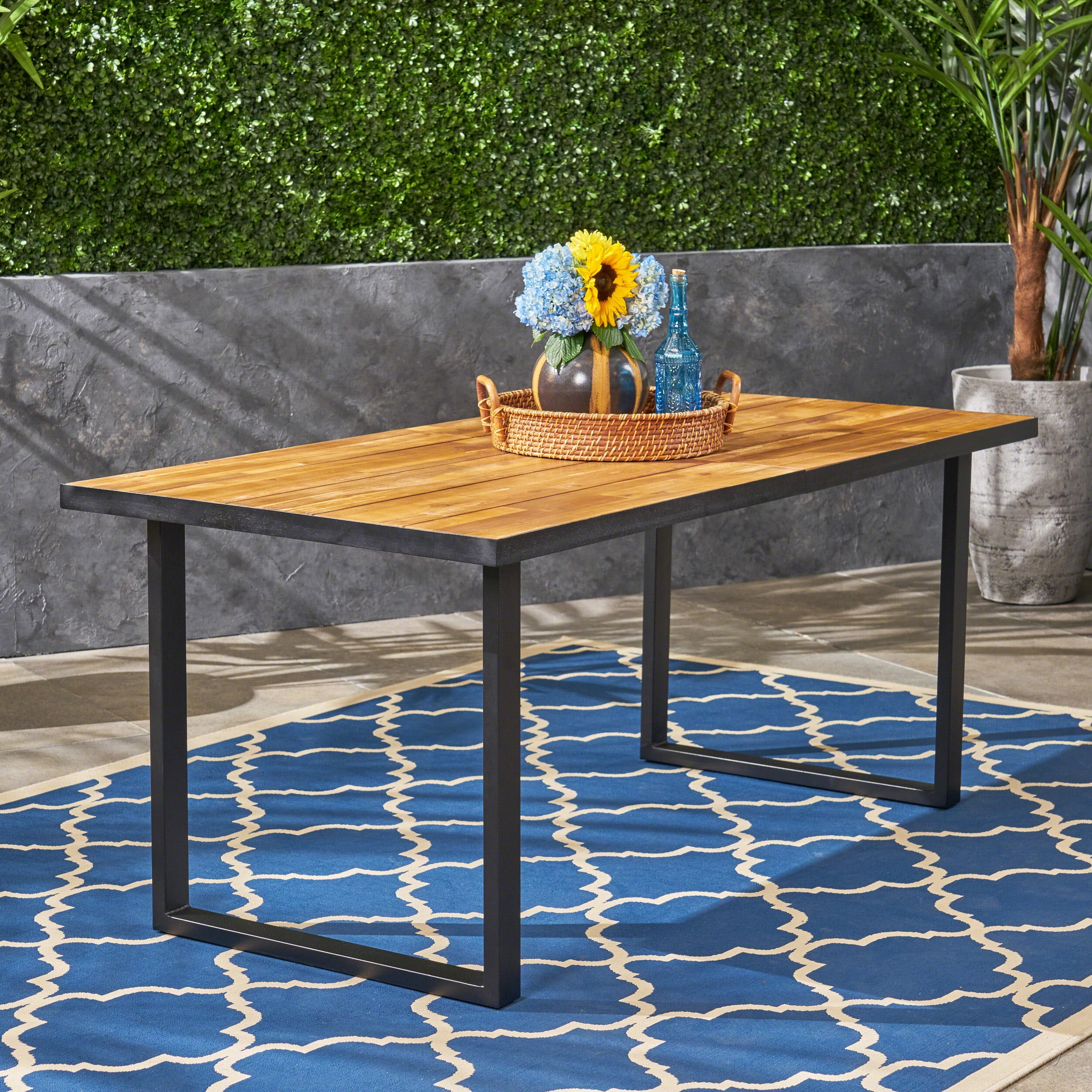 Outdoor Dining Table 70 Inch, Large Size Acacia Wood Tabletop for Patio Garden Yard, Teak and Black
