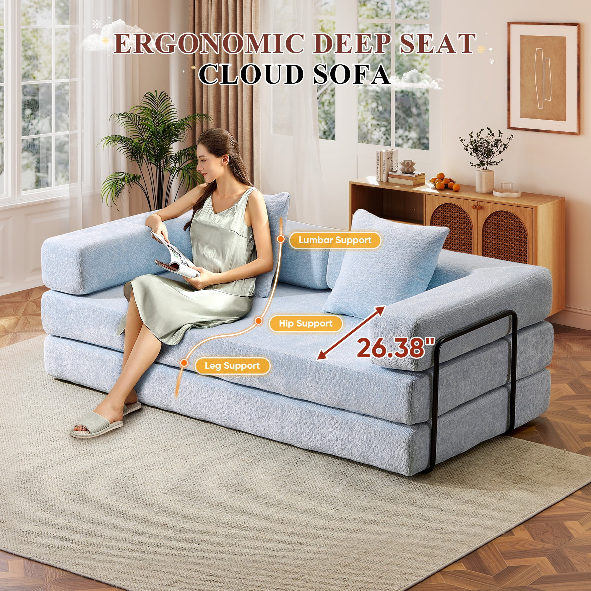 Timbernest 76.8" Folding Sofa Bed, King Size Convertible Sleeper Sofa with 2 Pillows, Chenille Floor Sofa for Living Room, Small Spaces, Baby Blue