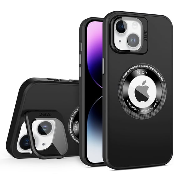 for iPhone 15 Plus Magnetic Case with Camera Lens Protector Kickstand [Compatible with MagSafe] Drop Protection Slim Fit Cover for Women Men Shockproof Logo View Phone Case,Black