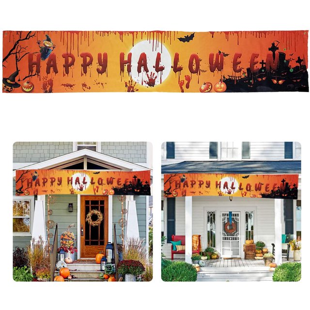 Happy Halloween Big Banner Decoraciones con Ghost Pumpkin Bat Handprint Huella Horror Haunted House Diseño para el hogar Wall Gallery Decor Outdoor Indoor Yard Garden Party Supplies 98 X 19 Inch Namotu WMPH-1121