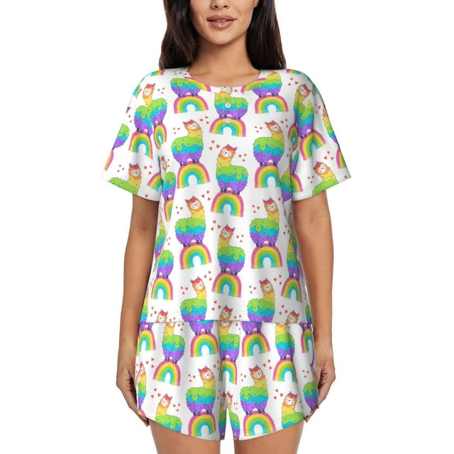 Xecao Rainbow Llama Pattern Women's Short Sleeve Pajama Set Soft Sleepwear Lounge Set with Button Front Top and Drawstring Shorts with Pockets-Large