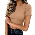 thumbnail image 3 of Aboser Womens Ribbed Knit Basic T Shirts Stretchy Short Sleeve Shirt Y2K Crop Tops Summer Slim Fitted Layering Top Going Out Tshirts, 3 of 9