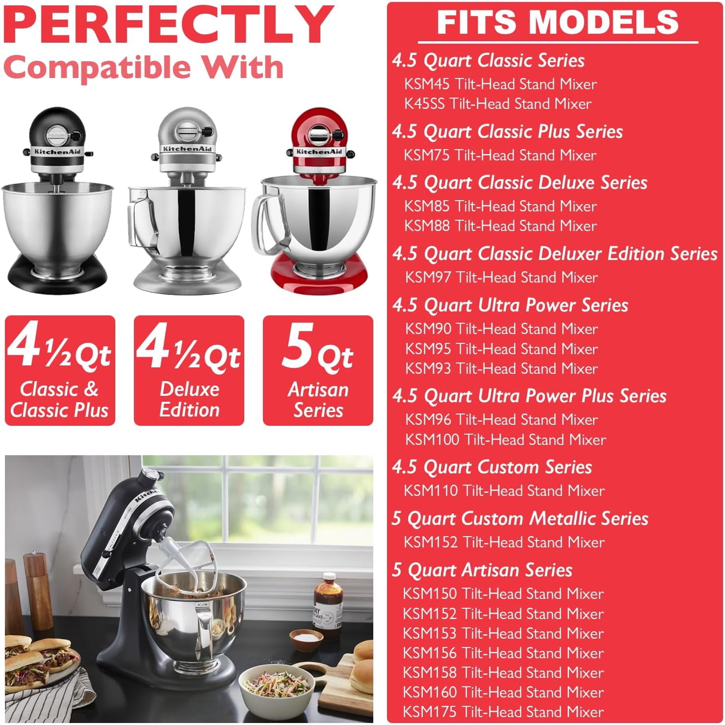 Stainless Steel Bowl for KitchenAid Classic&Artisan Series 4.5-5 QT Tilt-Head Mixer, 5 Quart 304 Stainless Steel Bowl with Handle, Dishwasher Safe