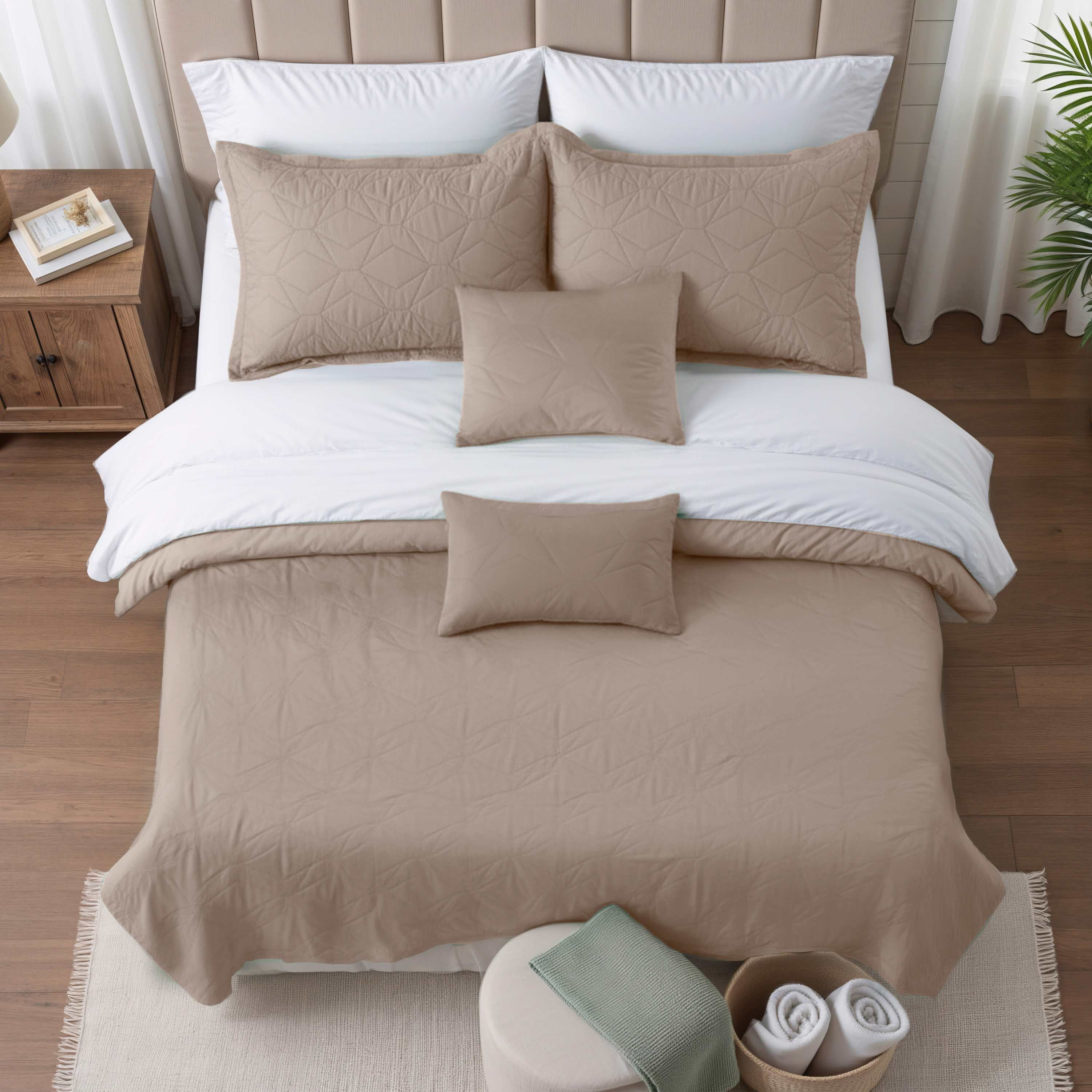 Clara Clark Quilt Sets, 5 Piece Lightweight Reversible Quilt Bedspread, Ellipse Weave Coverlet Bedding Set, Queen Beige Cream