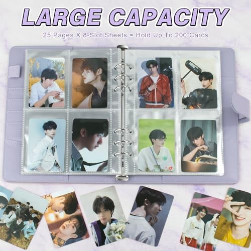 A5 Kpop Photocard Binder, 6 Ring Binder Album with 200 Card Slots, PU Leather Binder Cover with Magnetic Buckle Closure for Organizing Trading Cards (Purple)