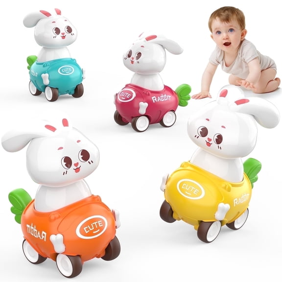 MOONTOY Easter Bunny Toys for 1 Year Old Boy Girl Gifts, Press to Go Car Toys for Toddlers 1-3, 4 PCS Bunny Push Car, Easter Baskets for Kids,1st Birthday Easter Gifts, easter basket stuffers